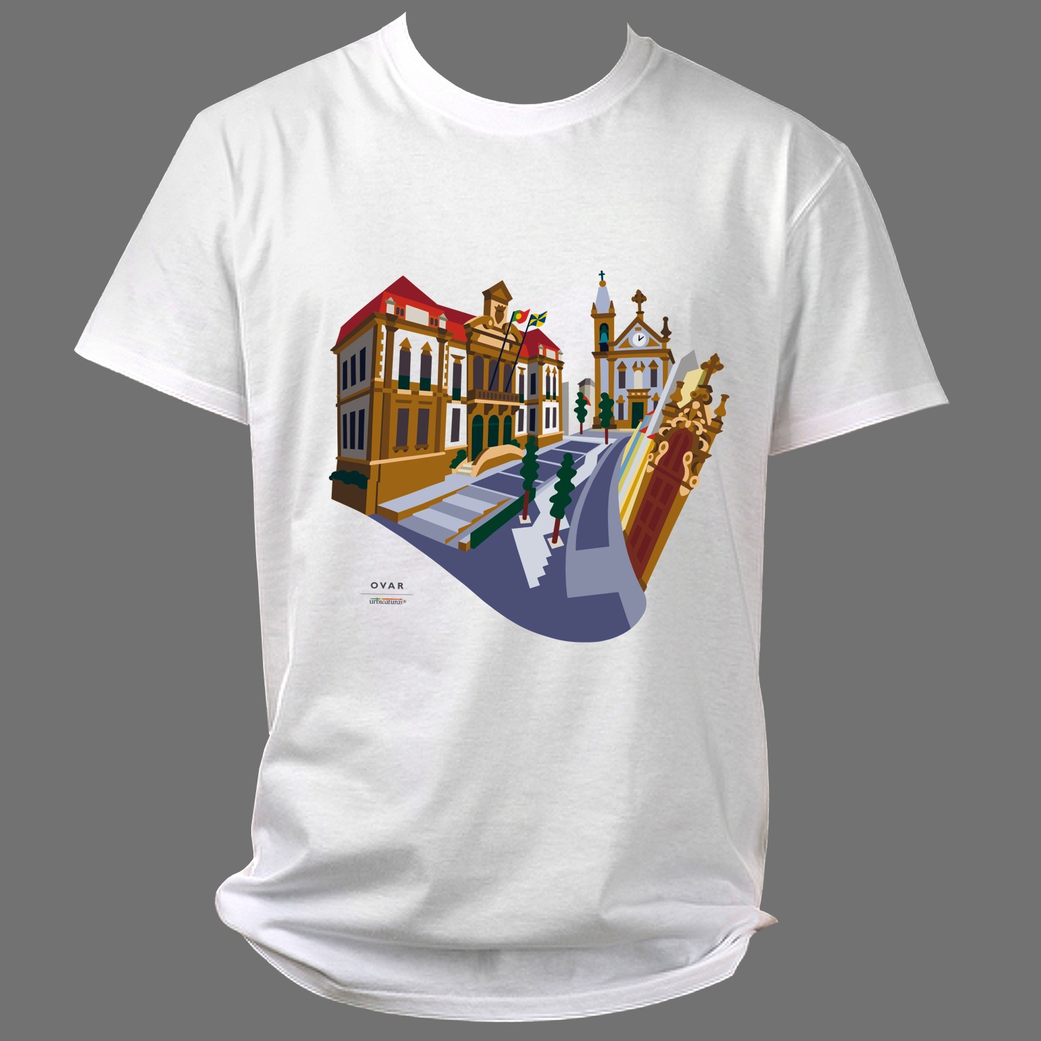 OVAR T-Shirts – República Camisola branca com estampa de edifícios históricos coloridos e texto GUAR PORTUGAL