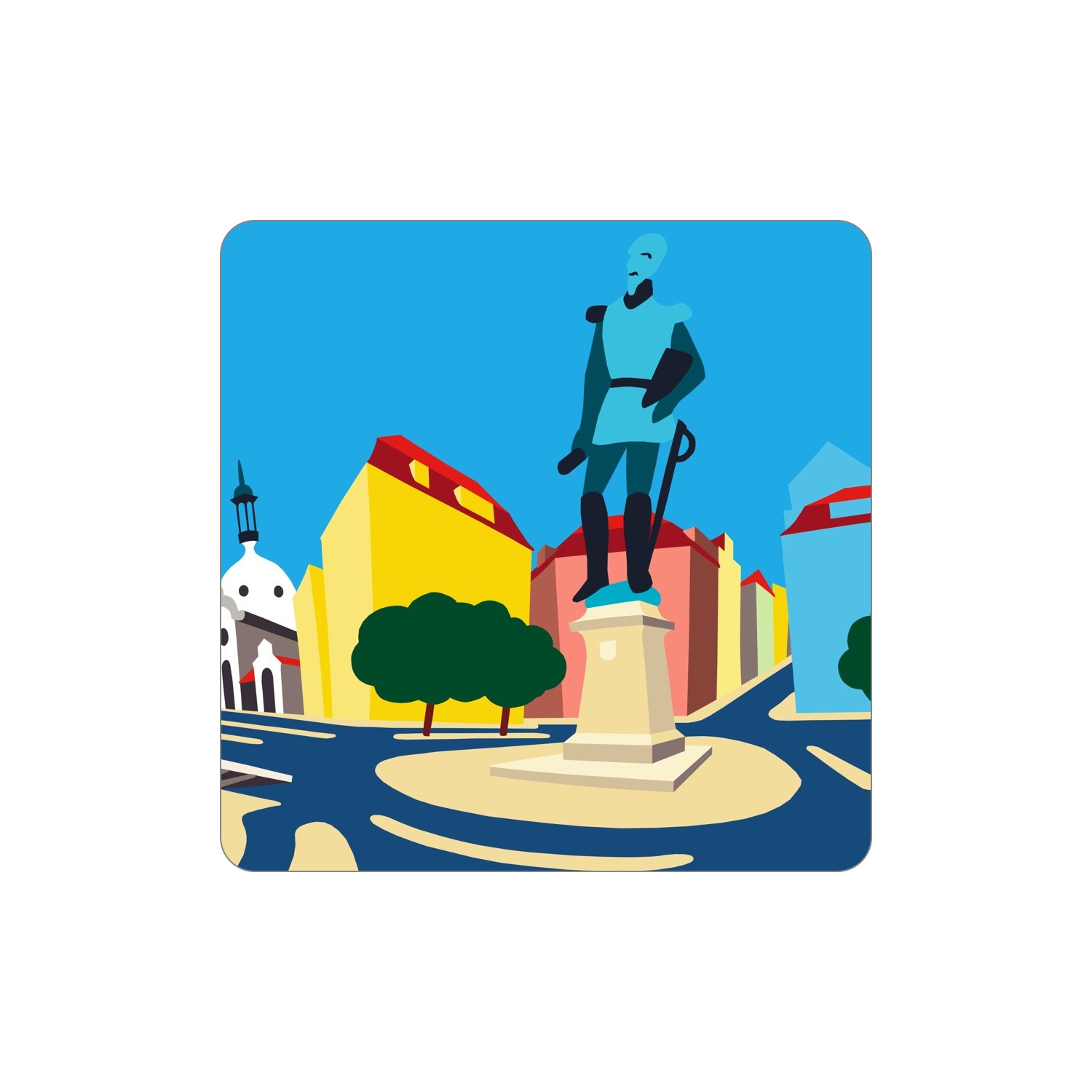 LISBOA Ímanes – Cais do Sodré Ilustração de estátua de cavaleiro numa praça rodeada de edifícios coloridos