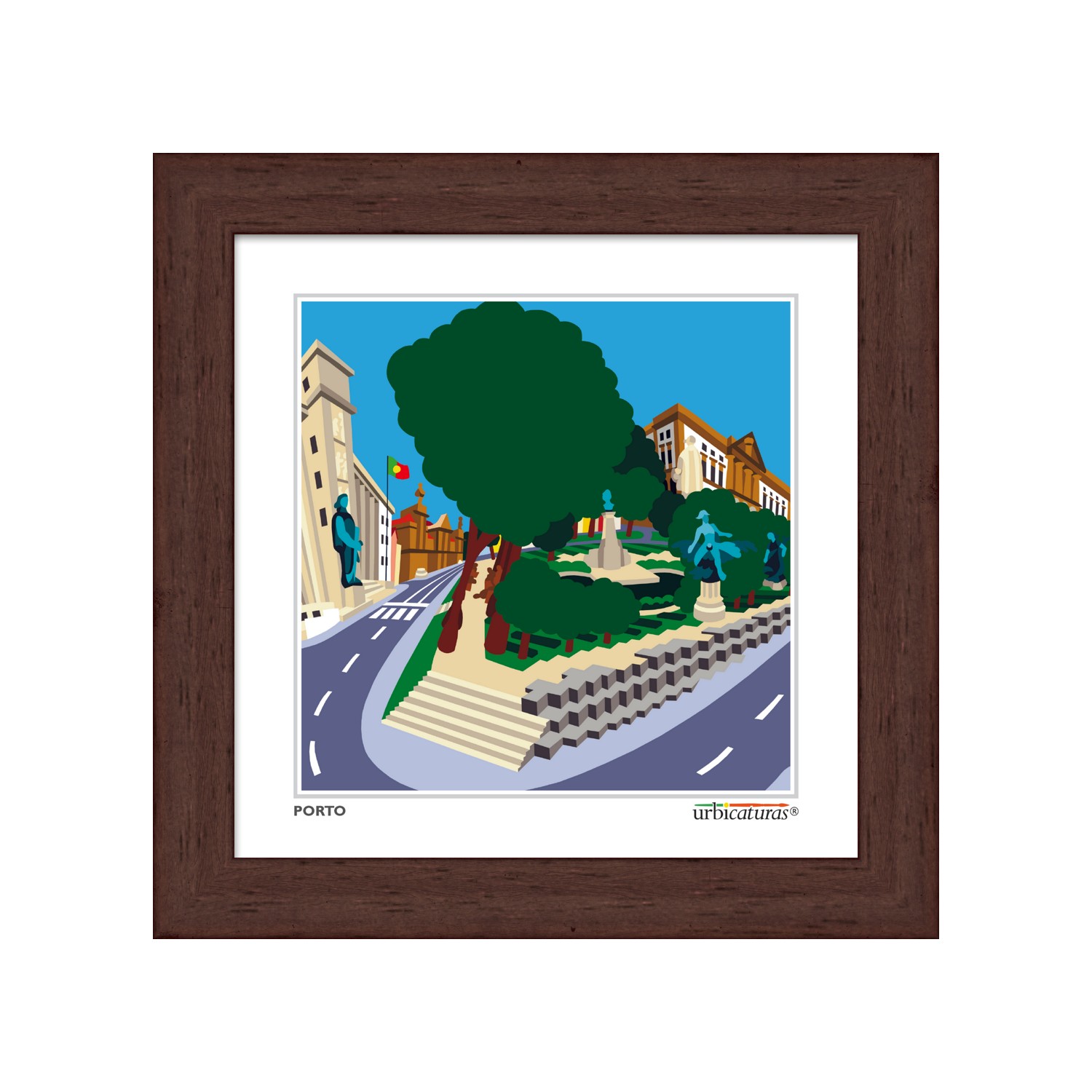 PORTO Minis – Cordoaria Quadro ilustrado de praça urbana com árvores e estátuas em moldura de madeira castanha