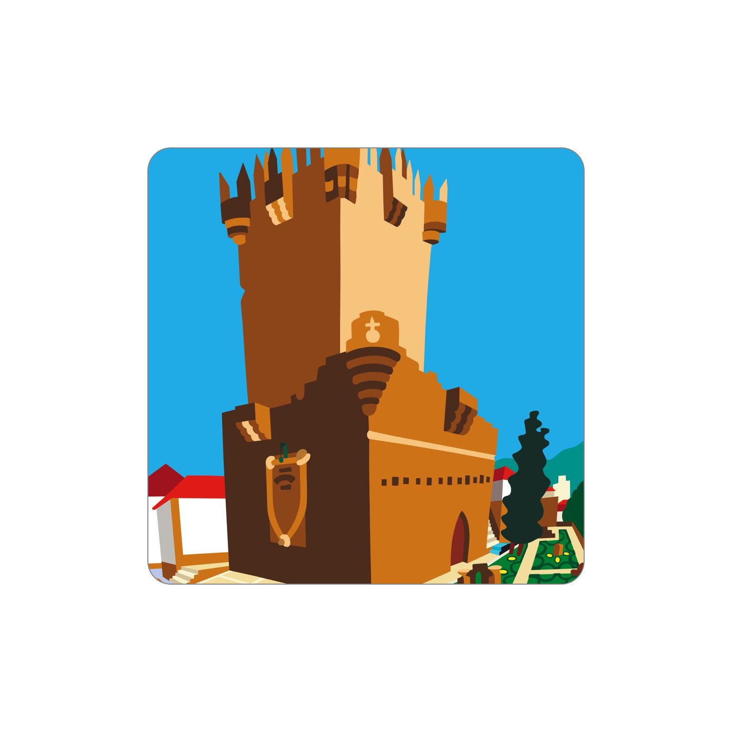 CHAVES Ímanes – Castelo Ilustração de torre castelo castanha com céu azul e jardim