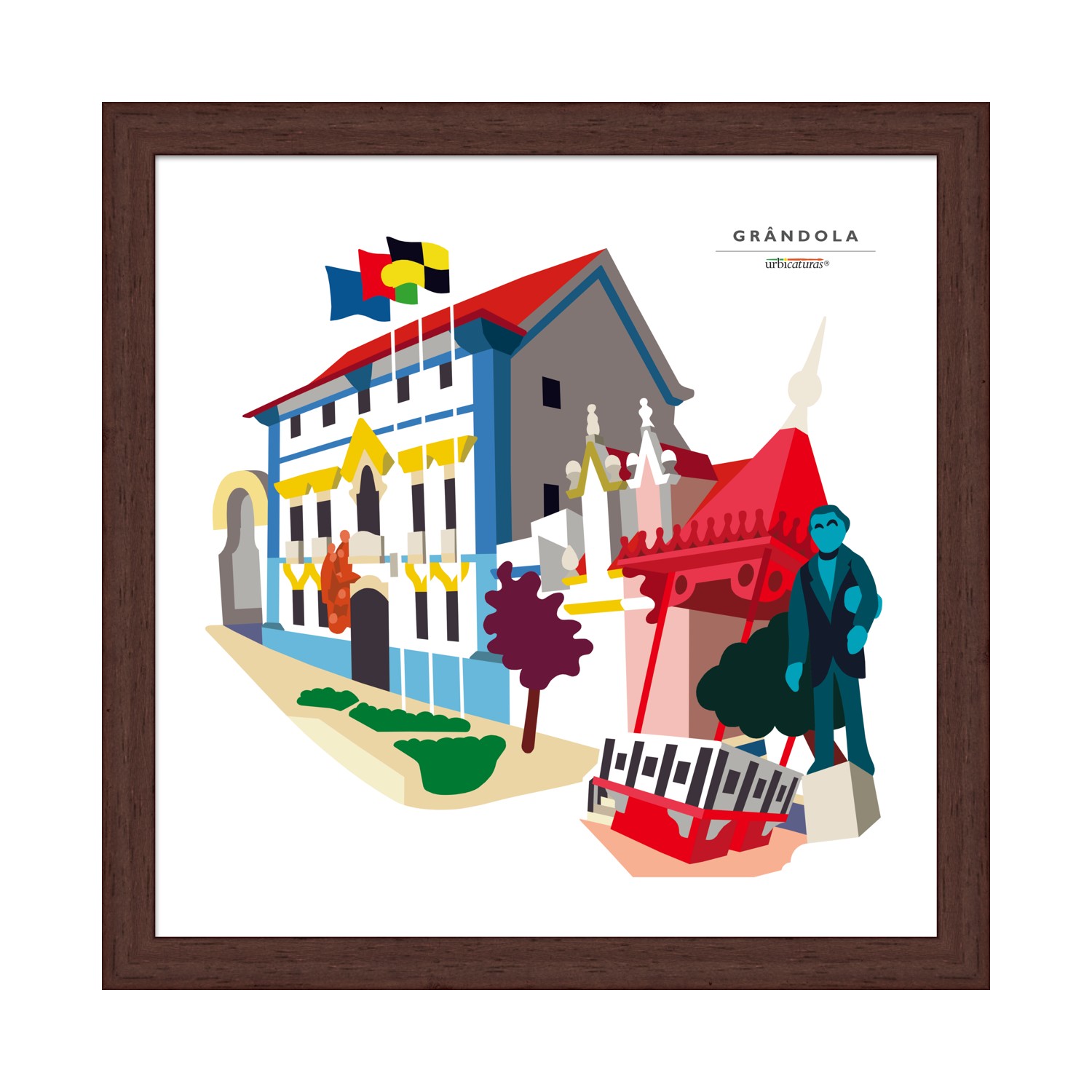 GRÂNDOLA Recortes – Câmara Ilustração colorida emoldurada de edifício e estátua com bandeiras