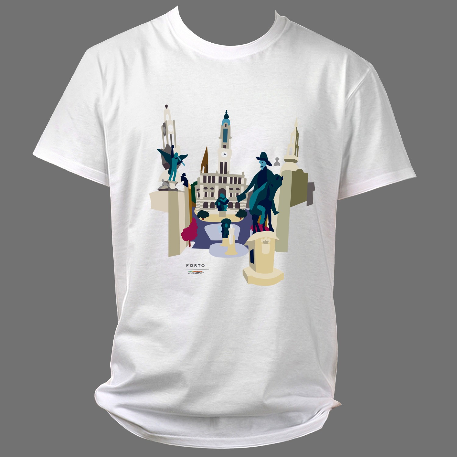 PORTO T-Shirts – Aliados T-shirt branca com estampado colorido de monumentos de Porto e texto PORTO PORTUGAL