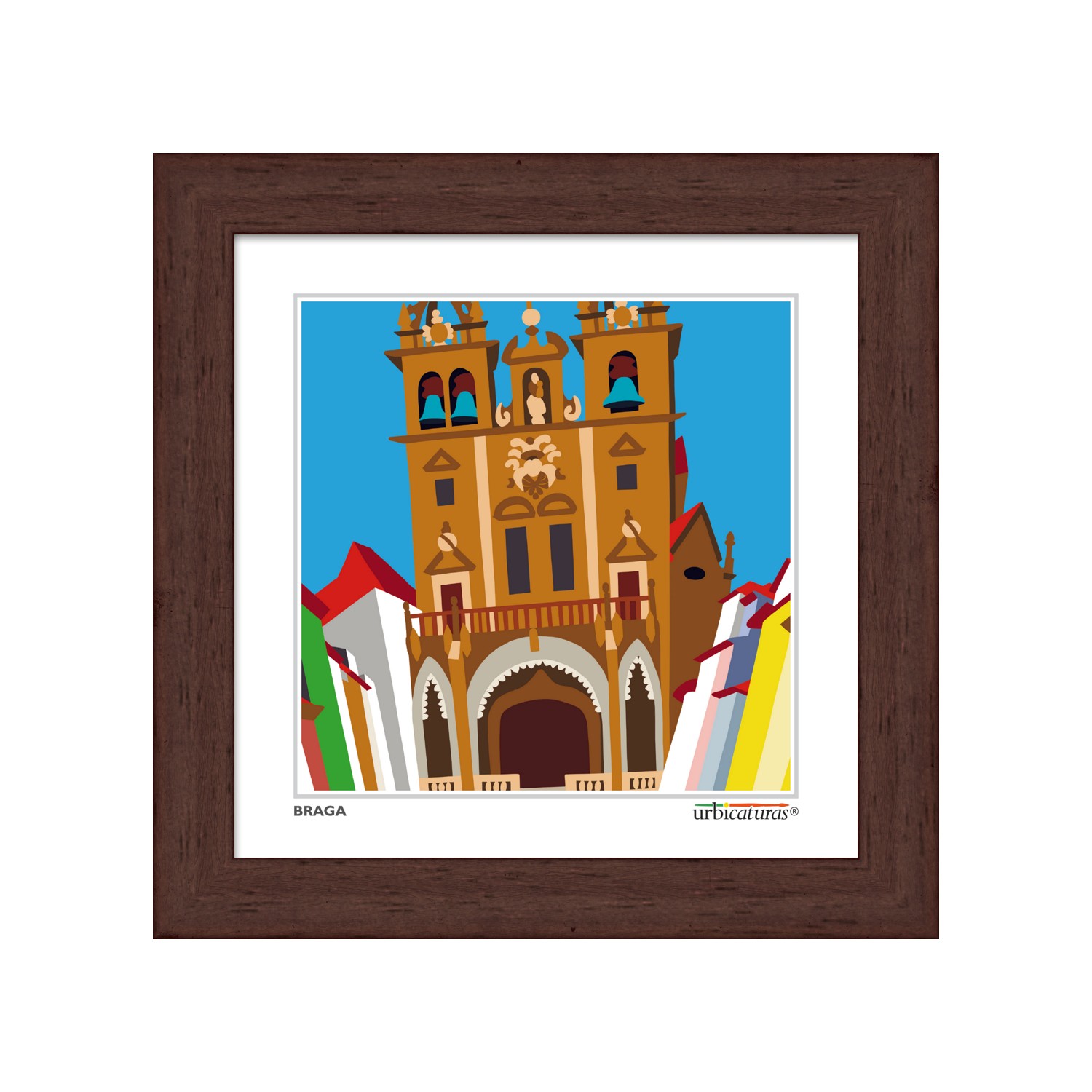 BRAGA Minis – Sé Ilustração colorida de edifício histórico com torres e arcos emoldurada