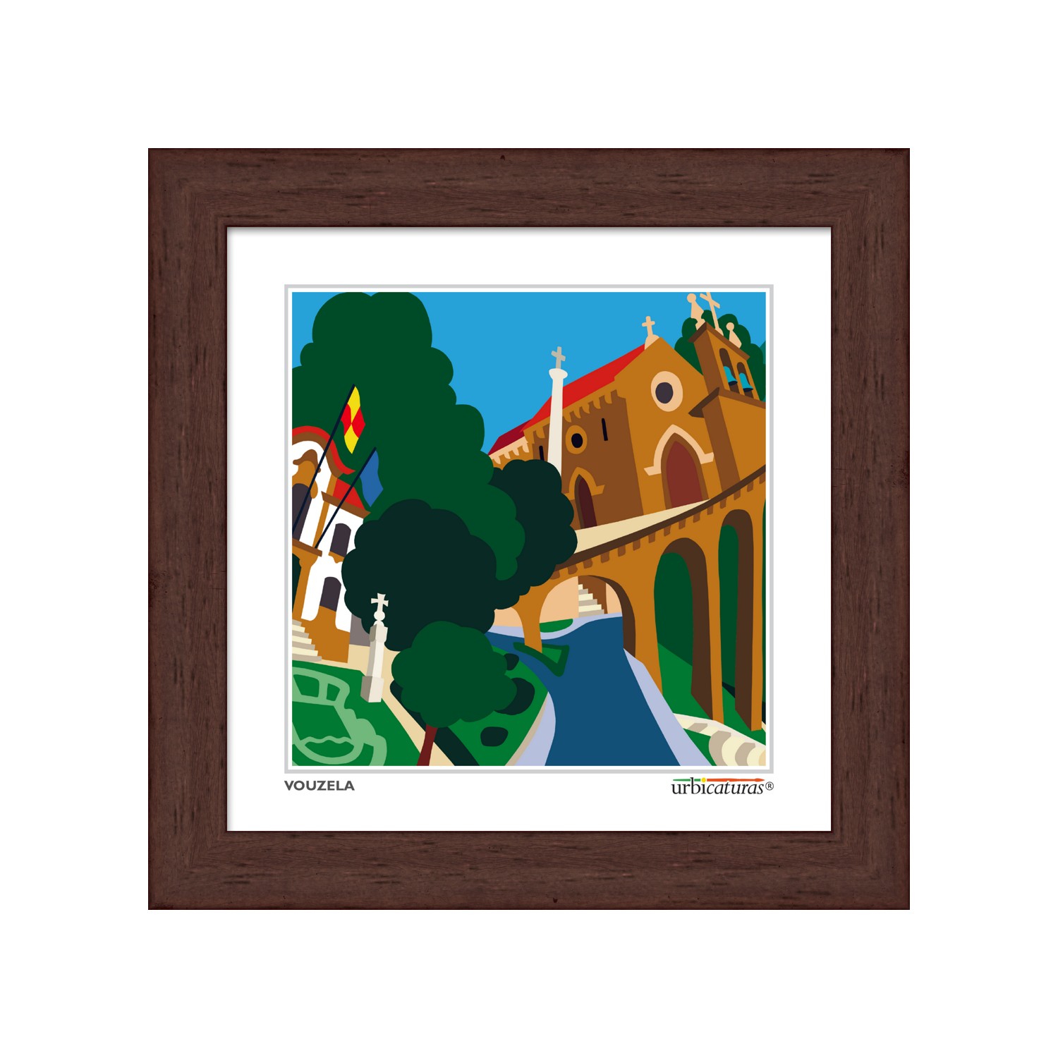 VOUZELA Minis – Matriz Ilustração colorida de edifícios e ponte com moldura castanha