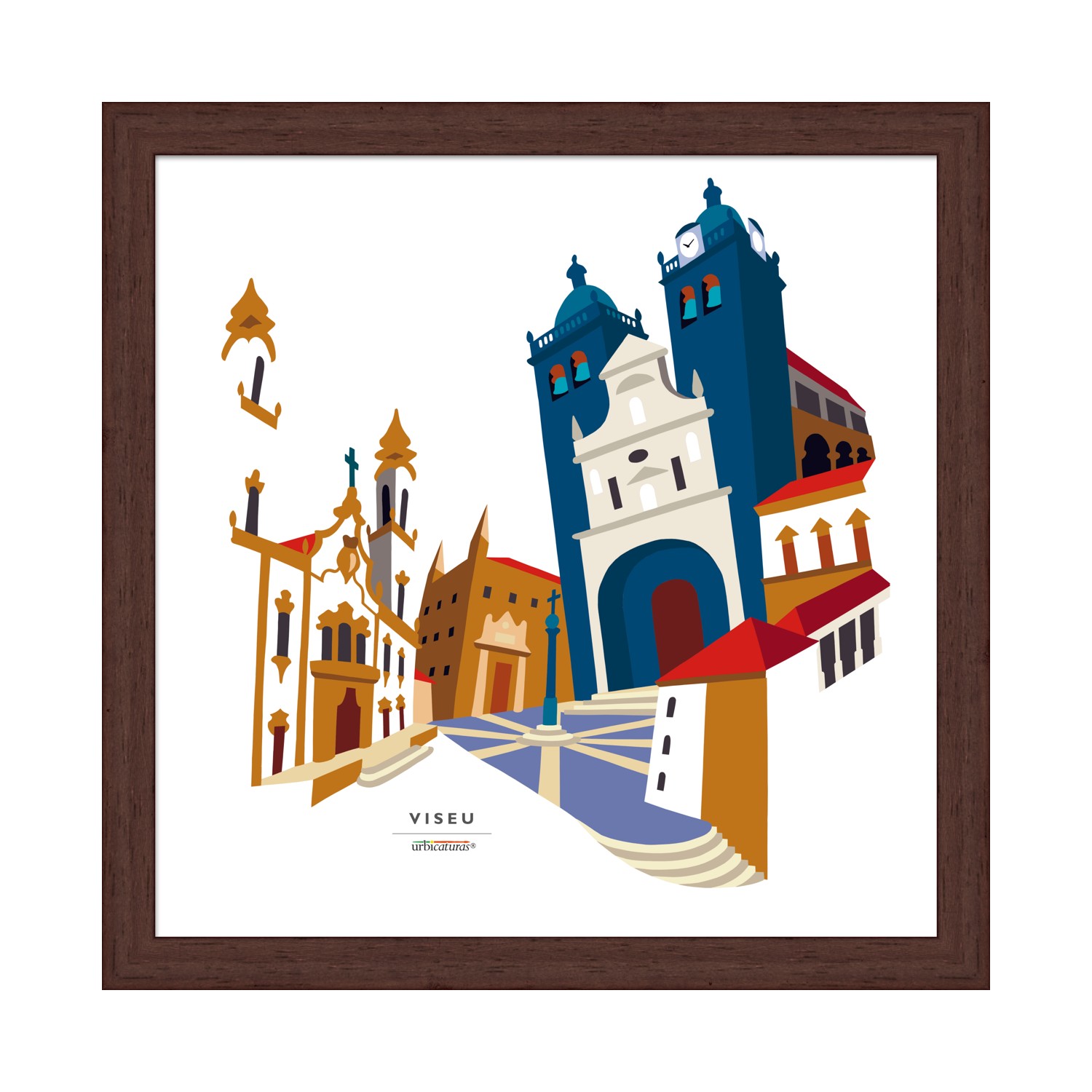 VISEU Recortes – Sé Ilustração colorida de edifícios históricos de Viseu em moldura de madeira
