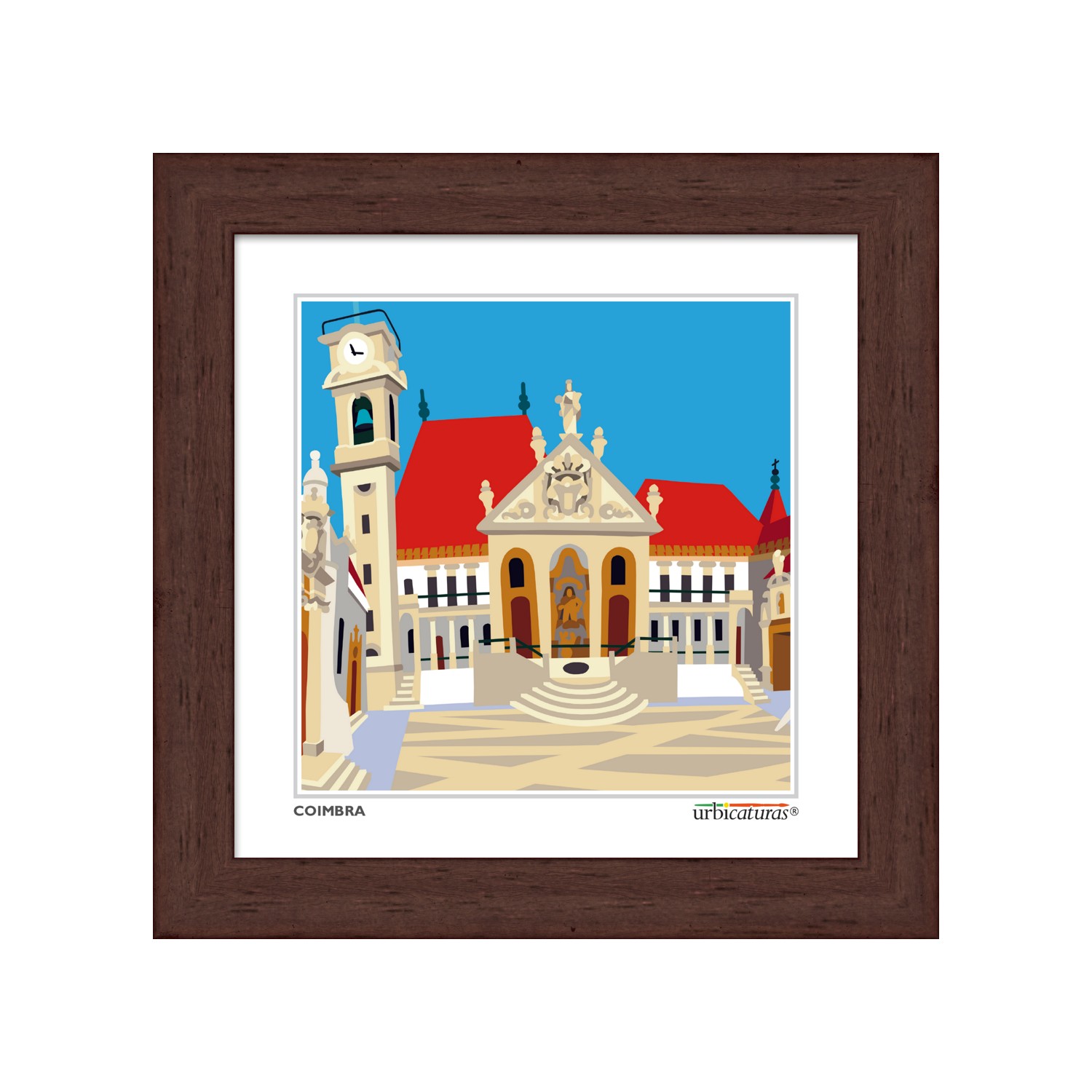 COIMBRA Minis – Paço das Escolas Ilustração colorida de monumento de Coimbra em quadro com moldura castanha