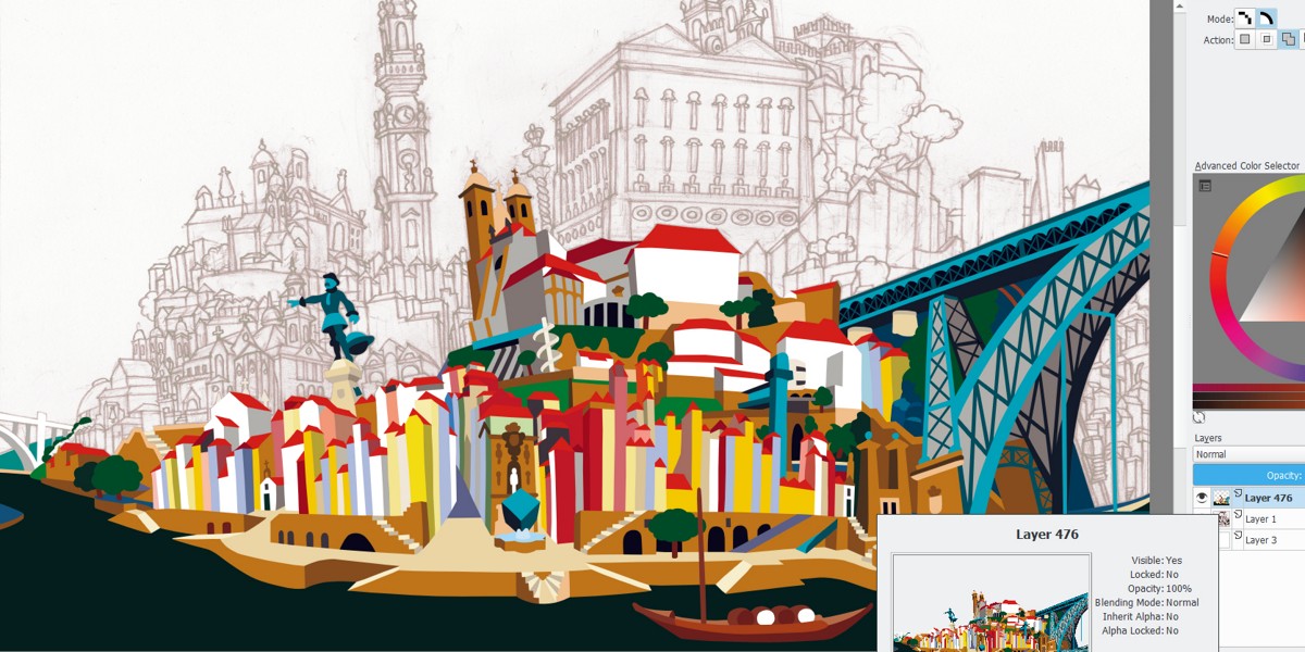 Ilustração colorida de cidade com casas coloridas, ponte azul e barco junto a desenho de edifícios