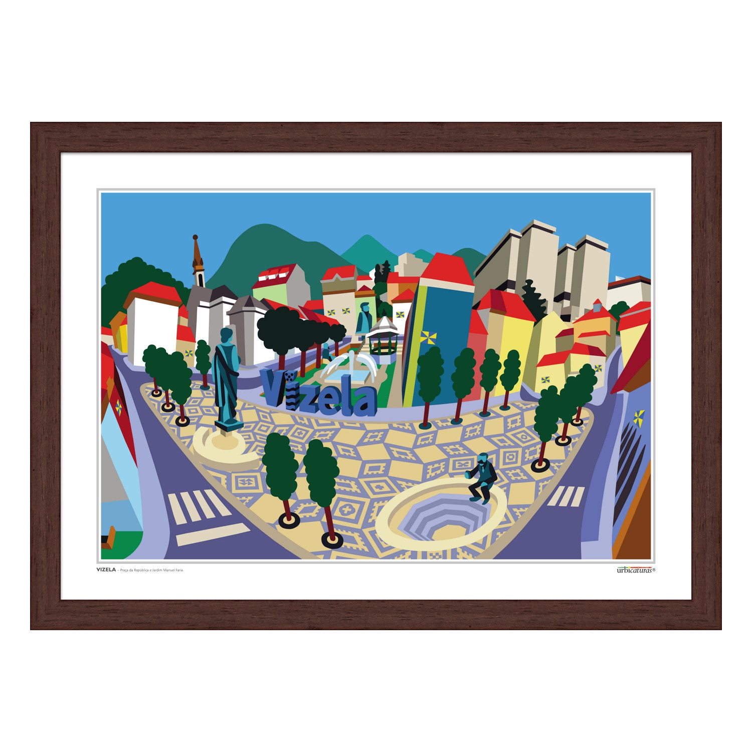 VIZELA – Praça da República e Jardim Manuel Faria ilustração colorida estilizada da vila de Vizela com texto