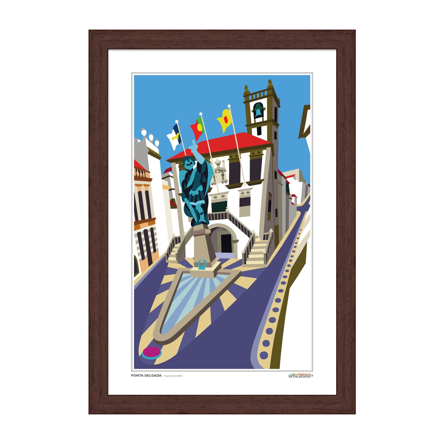 PONTA DELGADA – Paços do concelho Quadro de praça com estátua e edifício com torre e bandeiras coloridas