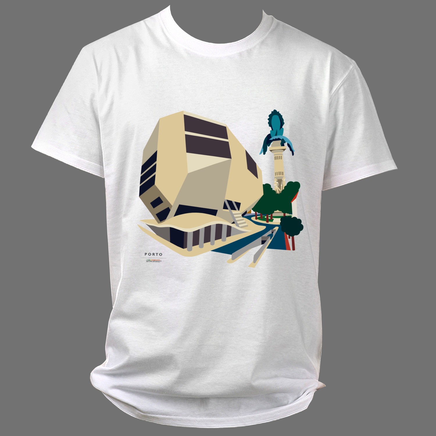 PORTO T-Shirts – Casa da Música T-shirt branca com desenho arquitetónico colorido e texto PORTO.