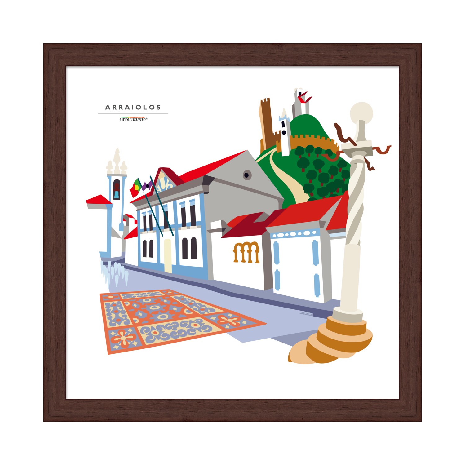 ARRAIOLOS Recortes – Câmara Ilustração de cidade com casas brancas, telhados vermelhos, tapetes e castelo no monte