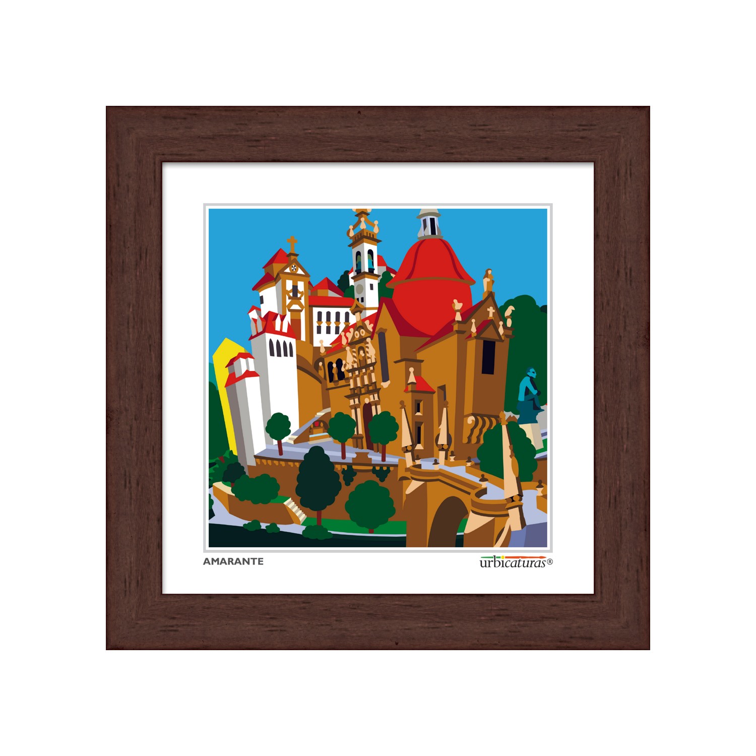 AMARANTE Minis – São Gonçalo Quadro em moldura de madeira com arte gráfica colorida de edifícios e árvores.