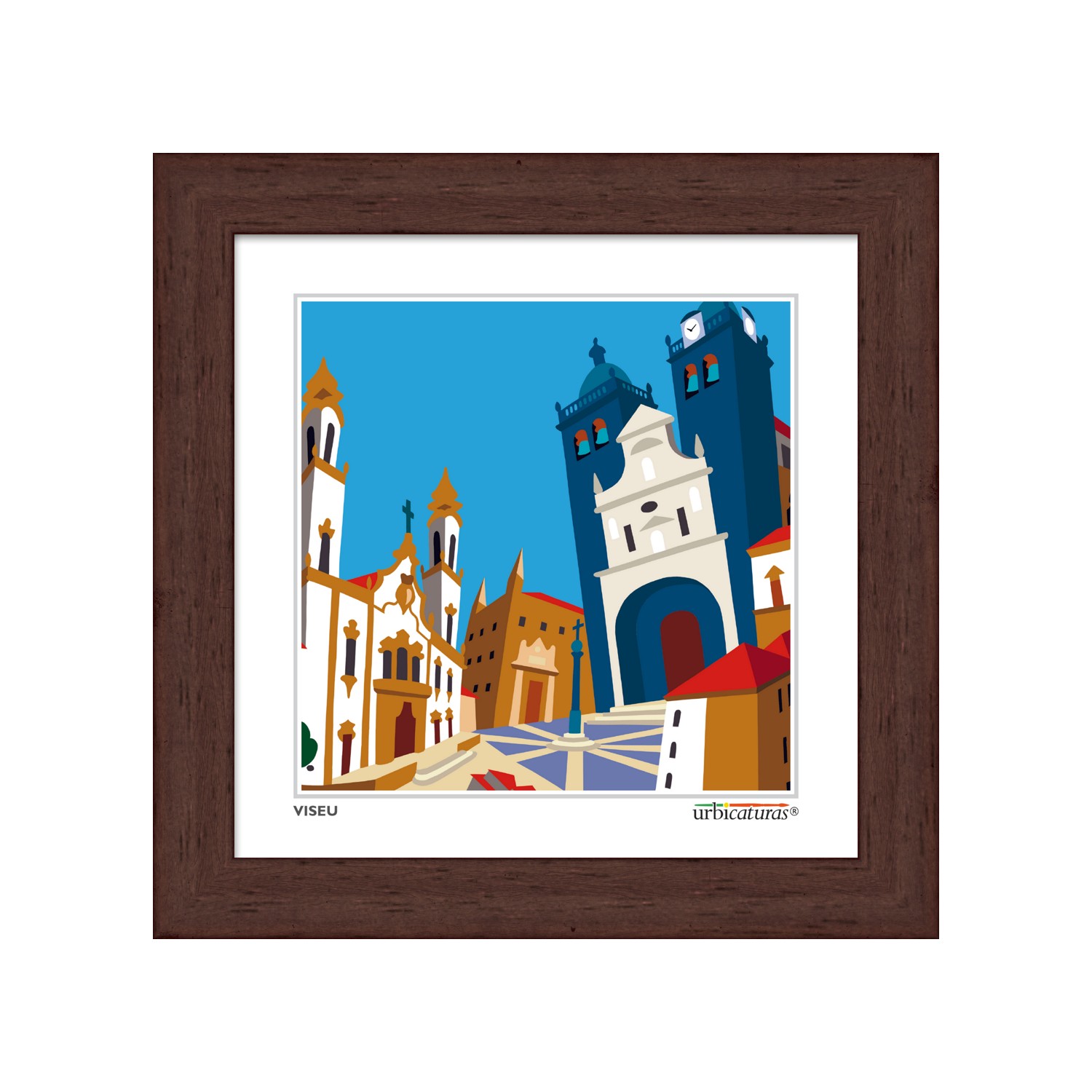 VISEU Minis – Sé Quadro com imagem estilizada de edifícios históricos coloridos em moldura de madeira escura