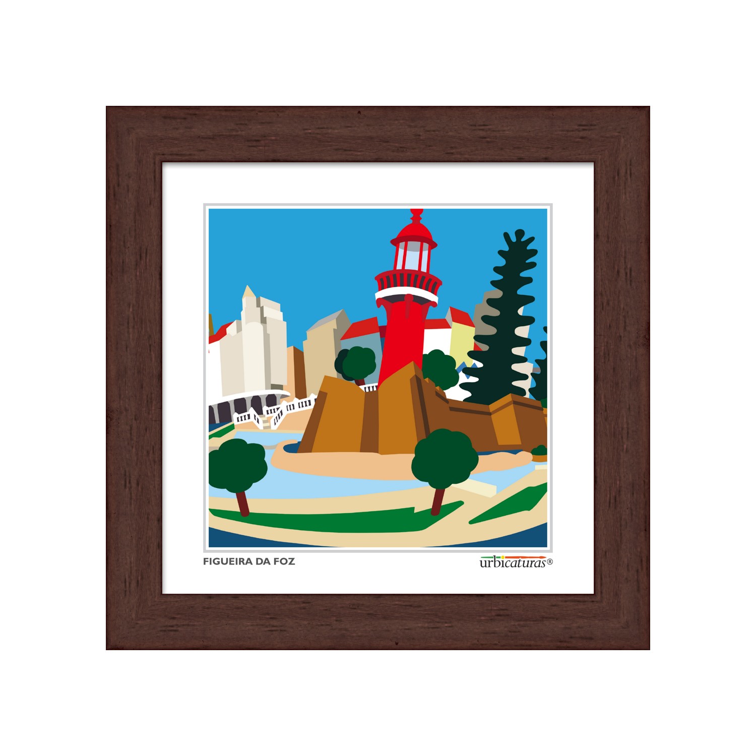 FIGUEIRA DA FOZ Minis – Forte Quadro com ilustração colorida do farol de Figueira da Foz em moldura de madeira castanha