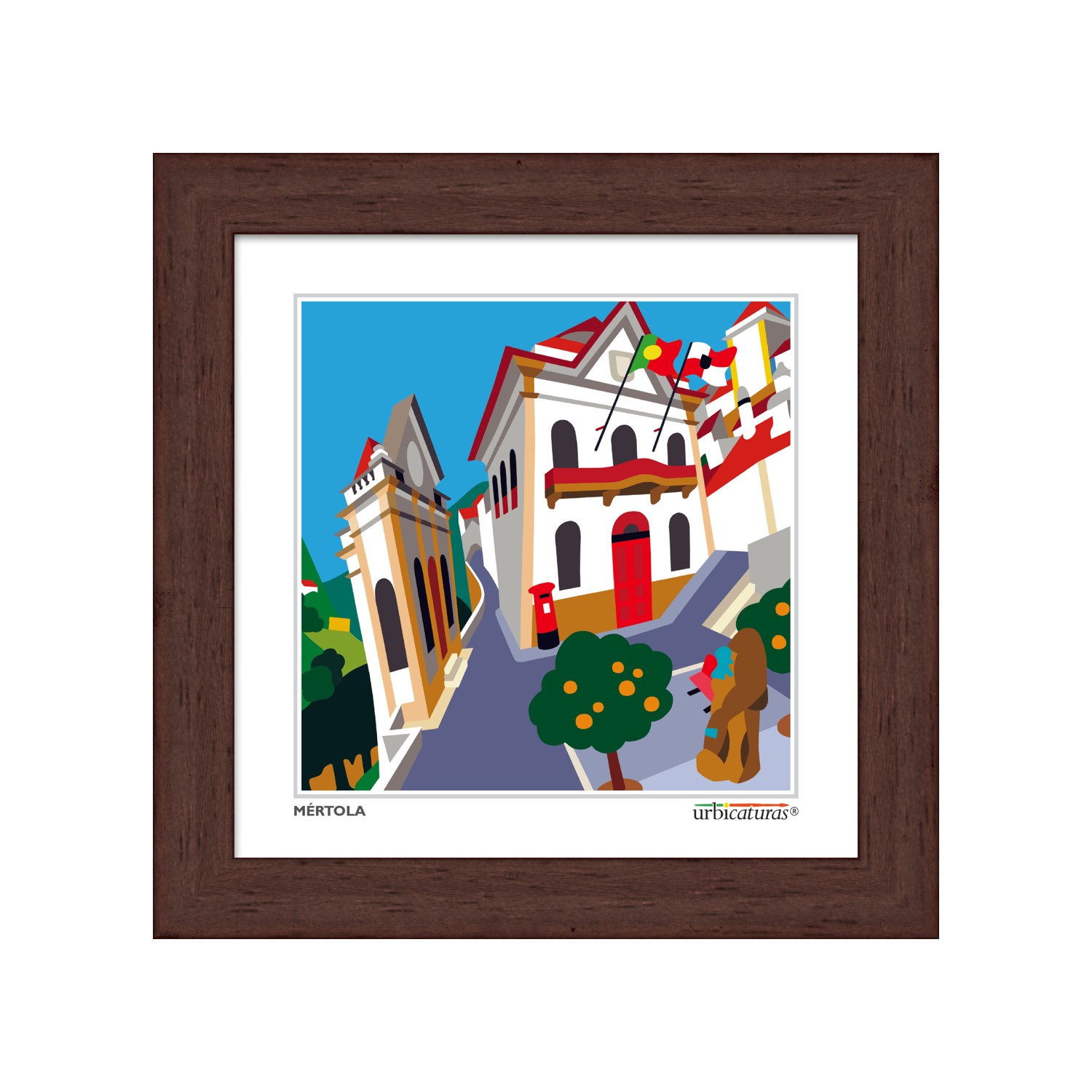 MÉRTOLA Minis – Câmara Ilustração de edifícios brancos com telhados vermelhos, árvores e bandeiras numa moldura de madeira.