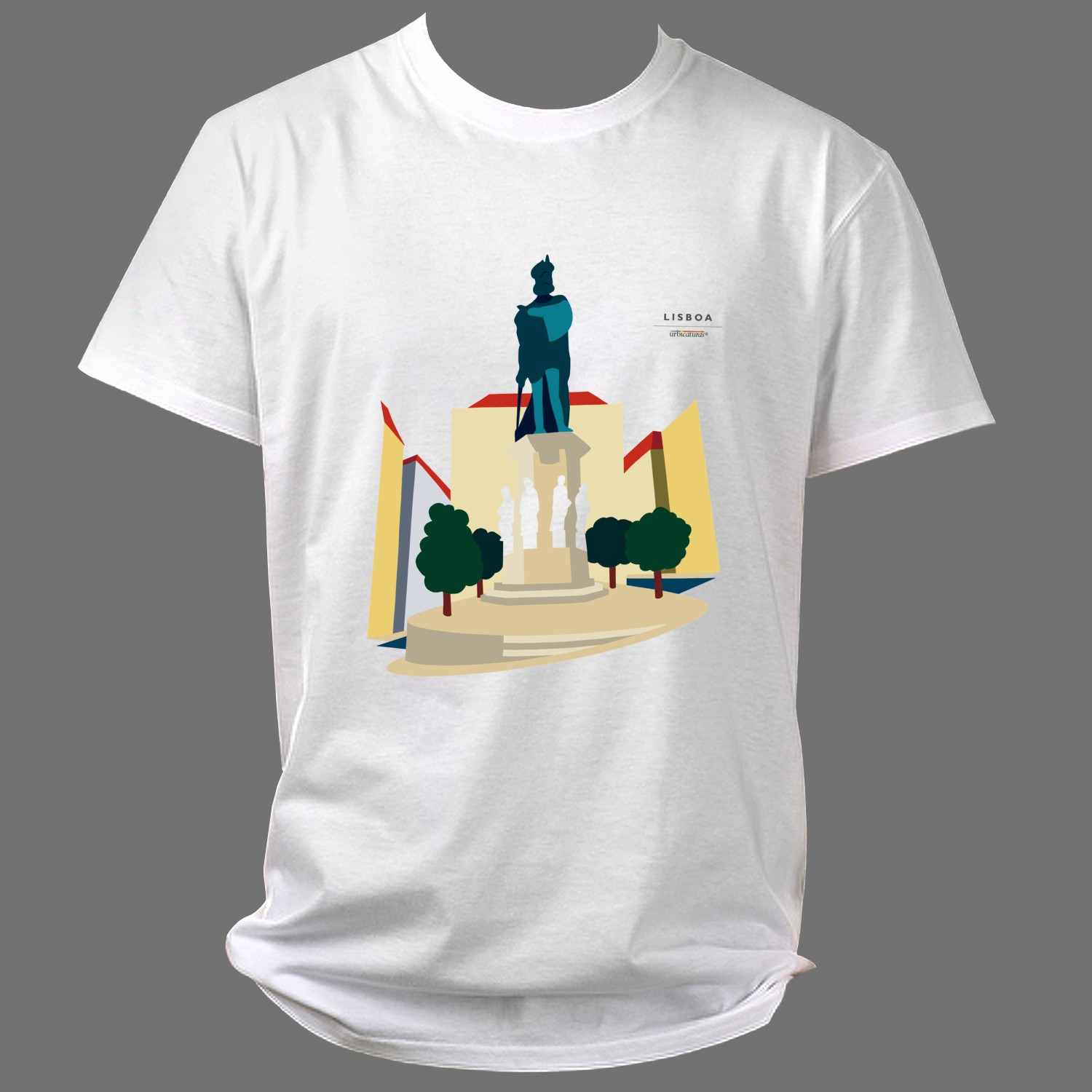 LISBOA T-Shirts – Camões T-shirt branca com estampa de monumento em Lisboa, texto LISBOA urbiature®
