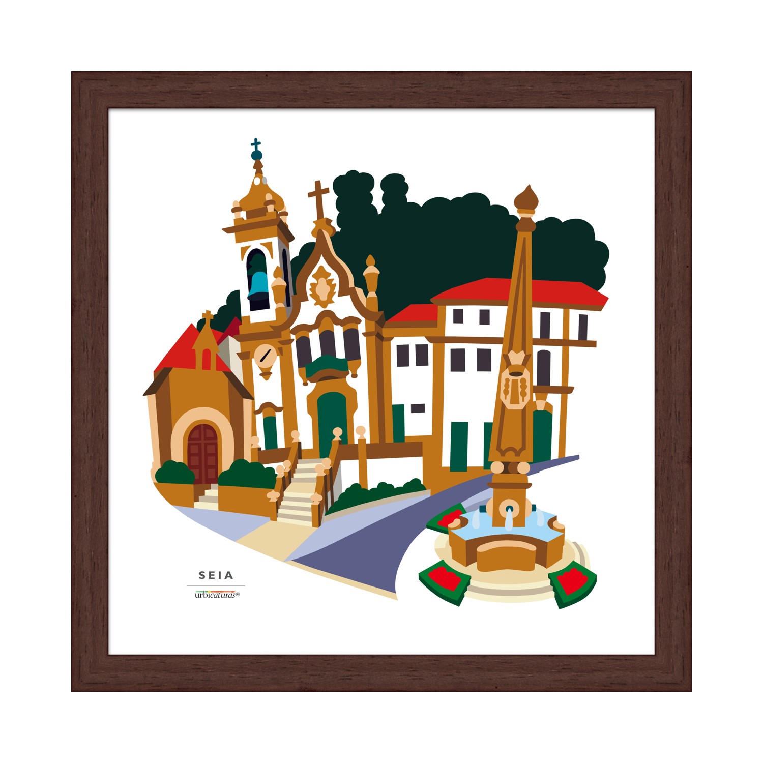 SEIA Recortes – Quatro Bicas Ilustração colorida de arquitetura e monumentos de Seia em moldura castanha