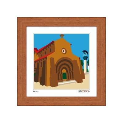 Ilustração digital de igreja castanha com porta verde e céu azul, emoldurada em madeira marrom