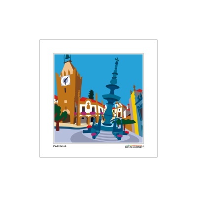 Ilustração colorida de praça com fonte azul e torre com relógio