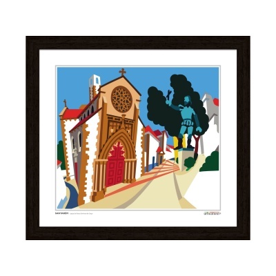 Ilustração de igreja com porta vermelha, árvores e estátua azul emoldurada