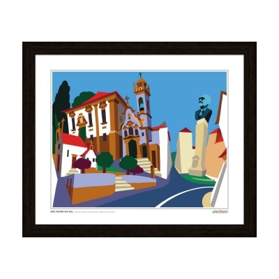 Quadro com imagem gráfica colorida de São Pedro do Sul com edifícios e estátua