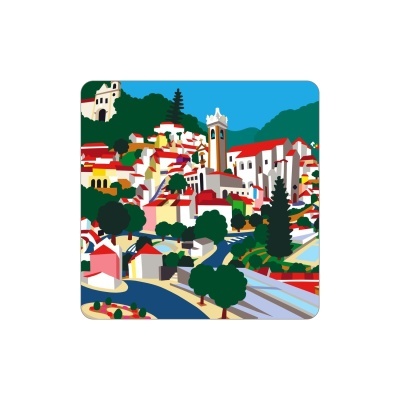 Ilustração colorida de cidade com casas brancas e telhados vermelhos e igreja