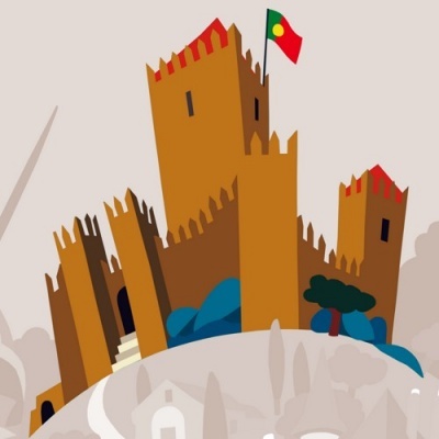 Castelo medieval ilustrado com torres castanhas e bandeira colorida em fundo neutro