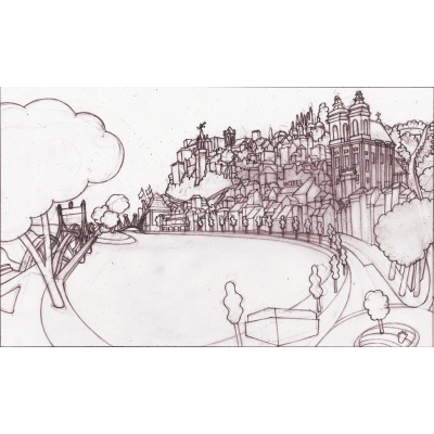 Desenho a lápis de cidade com casas, colinas, árvores e edifícios, incluindo hotel