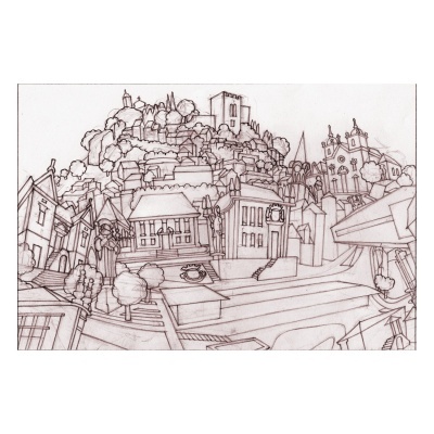 Desenho a lápis de um cenário urbano com casas e colina