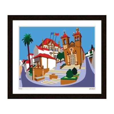 Ilustração colorida de praça com igreja, edifícios, palmeira e degraus