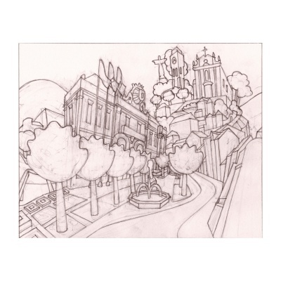 Desenho a lápis de paisagem urbana com edifícios e árvores