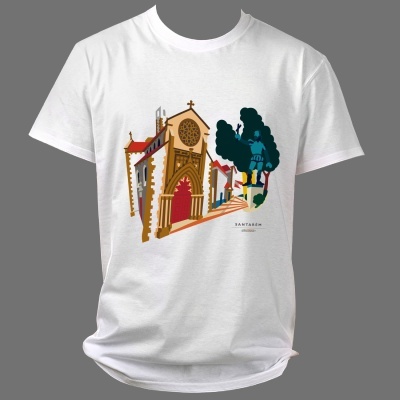 T-shirt branca com estampado de igreja em estilo gráfico colorido