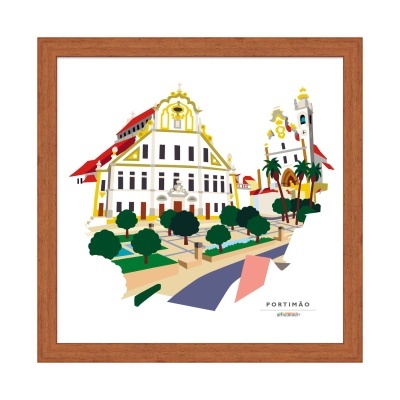 Ilustração colorida de edifícios de Portimão numa moldura de madeira