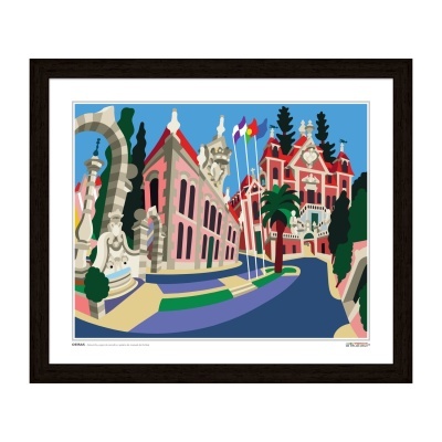 Ilustração colorida de edifícios e bandeiras num urbanismo com céu azul, enquadrada