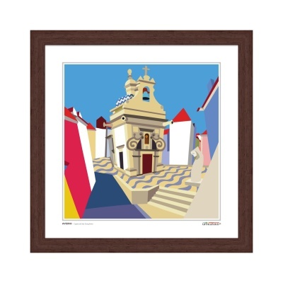 Ilustração gráfica de edifício barroco colorido em moldura de madeira castanha