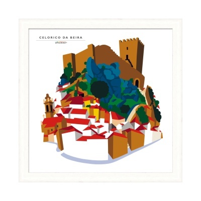 Poster emoldurado ilustrando Celorico da Beira com casas, vegetação e fortificação