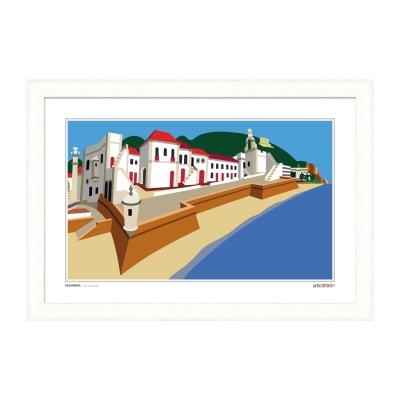 Ilustração de paisagem urbana costeira emoldurada