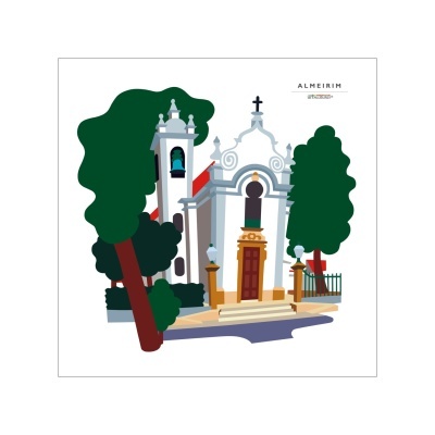 Ilustração de igreja branca com campanário e árvores verdes em Almeirim