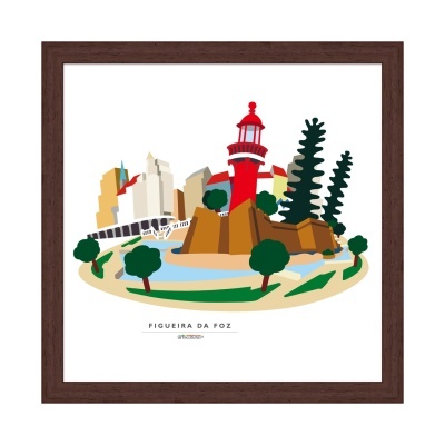 Ilustração de Figueira da Foz com farol e edifícios em moldura castanha