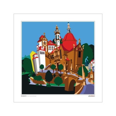 Ilustração colorida de uma cidade com torres, cúpulas e ponte em fundo azul.