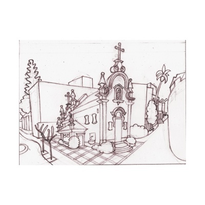 Desenho a lápis de uma igreja barroca com cruz e arbustos