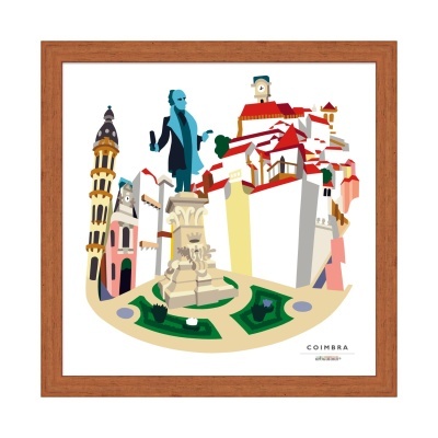 Ilustração gráfica colorida de monumentos e edifícios de Coimbra em moldura de madeira