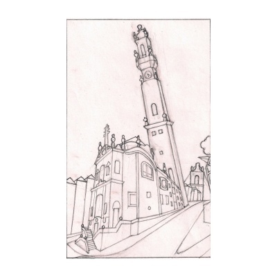 Desenho a lápis de uma igreja com torre alta