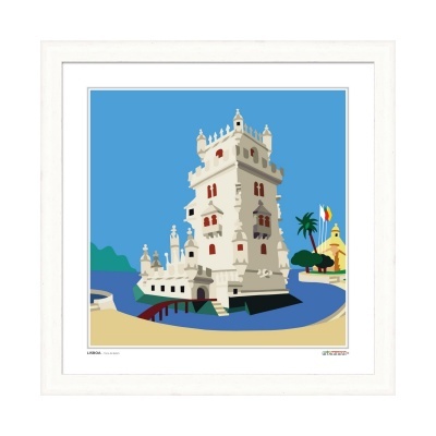 Ilustração da Torre de Belém em Lisboa com céu azul e elementos coloridos