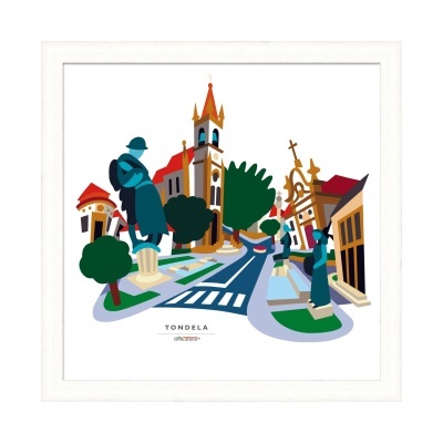 Desenho estilizado de rua com edifícios, árvores e estátuas, texto Tondela