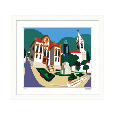 Ilustração colorida de praça com estátuas e edifícios em moldura branca