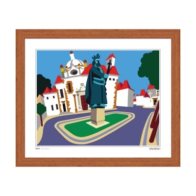 Ilustração colorida de monumento em pedestal emoldurada por moldura de madeira castanha