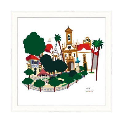 Ilustração de edifícios e árvores representando Faro
