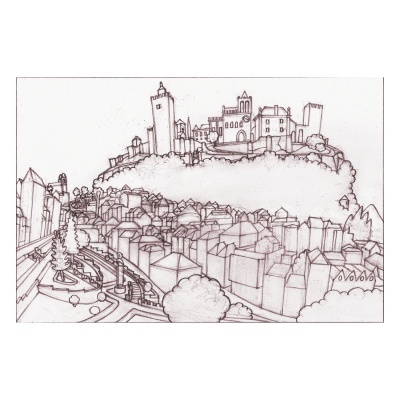 Desenho a preto e branco de uma cidade com castelo no topo de uma colina