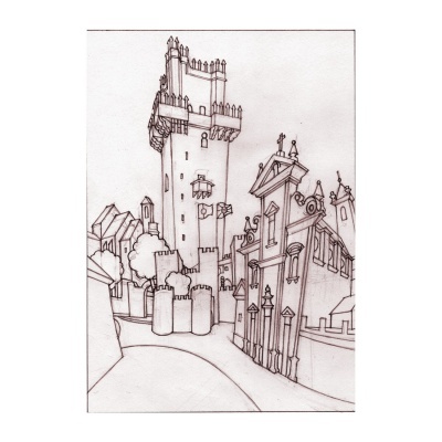 Desenho a carvão em preto e branco de uma torre com edifícios históricos ao redor